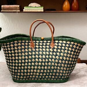 Handwoven Raffia Market Bag 23.5" Tote With Leather Straps Green Blue Brown